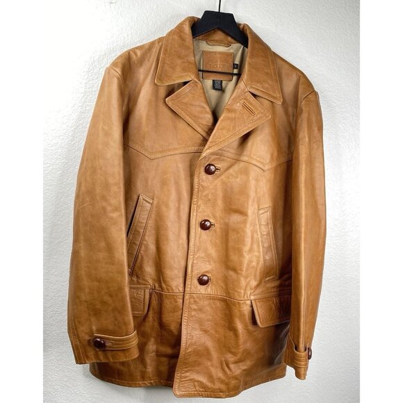 J. Crew Leather Coat Jacket Men's Brown Sz M Moleskin Lining Barn Chore Car VTG